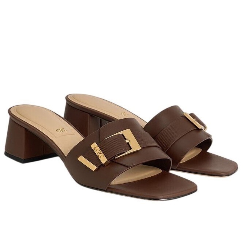 Charles & Keith Whitney Dark Brown Leather Buckled Block Heel Mules Sz 8 38 EU